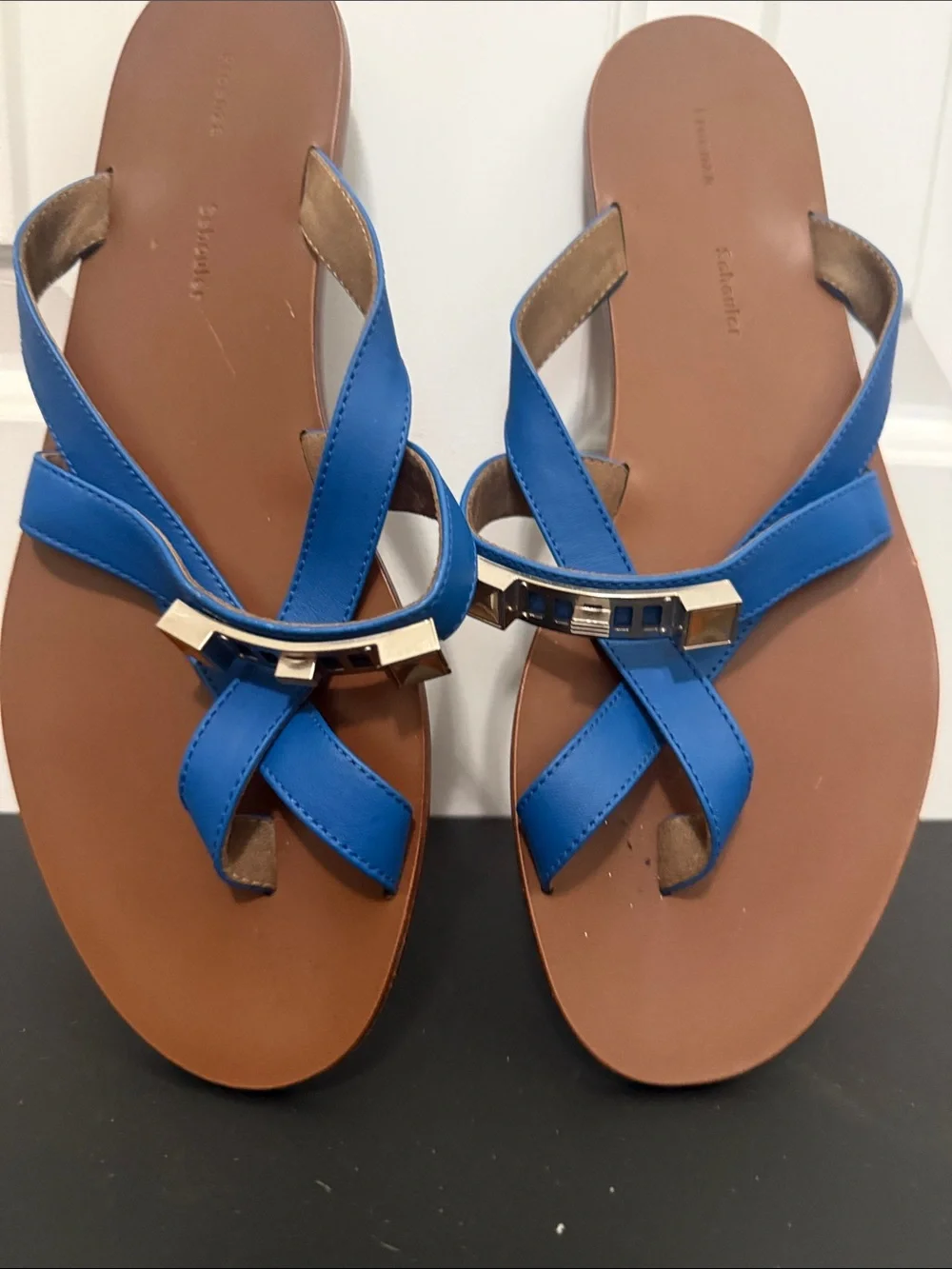 Proenza Schouler Blue Leather Crisscross w/ Toe Ring Slide Sandals - Women's
